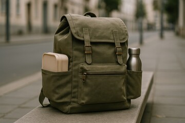 Urban backpack placed on street bench with reusable bottle and lunchbox, suggesting eco-conscious commuting and sustainable lifestyle choices.