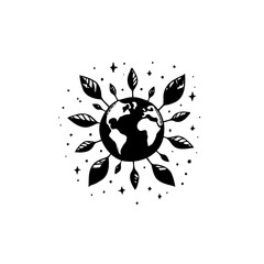 Stylized Earth globe surrounded by leaves symbolising nature and sustainability