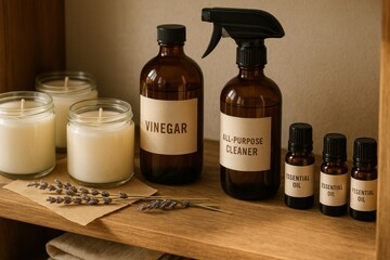 Natural home cleaning products displayed on wooden shelf alongside candles and lavender, promoting eco-conscious and minimalistic household care.