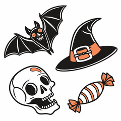 Halloween icons set (bat, hat, skull, candy, etc.)