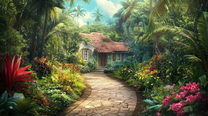 Stone path leads to tropical house nestled in lush garden.