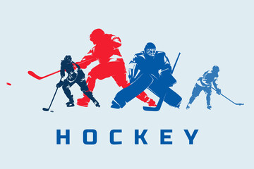 Hockey, ice hockey players, group of vector silhouettes. Set of winter team sport athletes