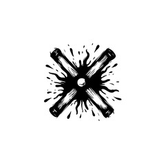 Abstract monochrome illustration featuring dynamic ink splatters and bold cross design