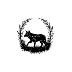 Mystical woodland silhouette: Detailed monochrome illustration of a wolf in nature