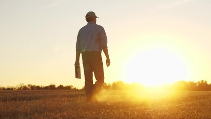Farmer walking through wheat field in rubber boots, , agriculture, business of the golden grain, farmer s life: a wheat story, sowing seeds of success, the art of wheat harvesting, farmer's autumn - Powered by Adobe