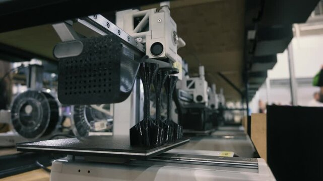 Automated 3D printers producing objects in a modern factory. Technology, manufacturing, and industrial process.