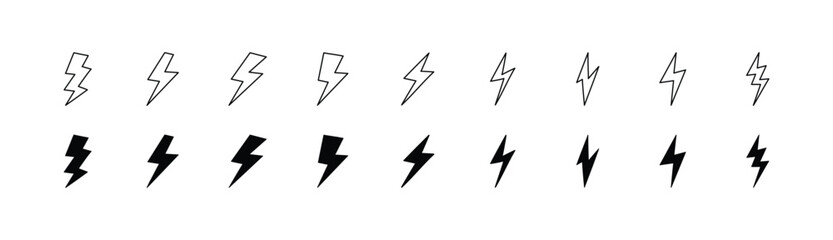 Set of 10 lightning bolt icons – thunderbolt, flash, electricity and energy symbols. Flat vector design with outline and glyph thunder signs on black icon set