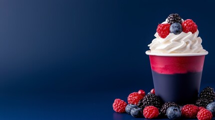 4th of July Ice cream. Colorful layered dessert in a cup with whipped cream on top. Patriotic frozen treat a delightful layered confection a sweet summer delicacy topped with fluffy cream.