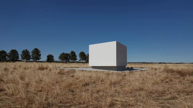 White minimalist cube house in a dry field