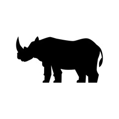 Black silhouette of a rhinoceros with prominent horn on white background
