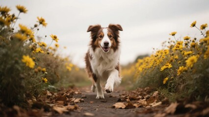 Obraz premium A Border Collie runs merrily on a path lined with small yellow flowers, filled with autumn atmosphere, fully showing freedom and vitality.