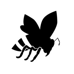 Black silhouette of a bee with detailed wings and legs on white background