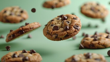 A whimsical scene featuring chocolate chip cookies floating in mid-air, highlighting their deliciousness and inviting appearance against a soft green background for a playful touch.