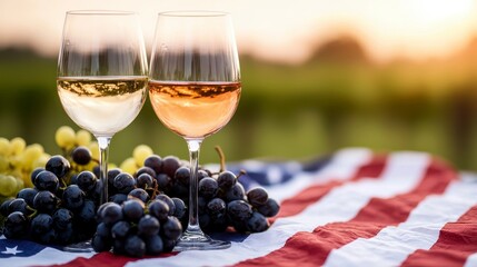 Celebratory Independence Day Gathering two glasses of wine beside fresh grapes set on an American flag blanket capturing the spirit of a joyful Fourth of July picnic. A patriotic july
