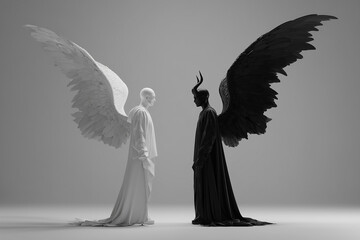 Two figures of an angel and a demon opposite each other, white and black. The confrontation of good and evil