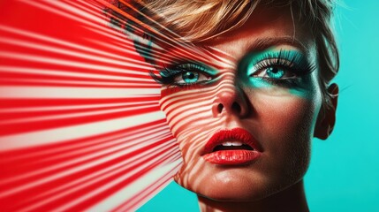 Obraz premium Capturing a dramatic beauty shot featuring a model with striking bold makeup, vibrant colors, and artistic light patterns that create a captivating visual impact.