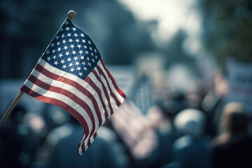 Flag of the United |States waving gently in the wind, peaceful protest atmosphere, soft lighting, people in the background holding candles and signs of peace, blue and white tones, AI Generated