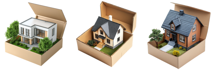 Set of various private houses in a paper box isolated on a transparent background PNG
