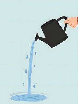Black watering can pouring water in a flat and minimal illustration