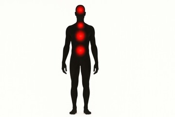A dark silhouette of a human figure highlights red pain points, representing physical or emotional stress located in the head and torso.