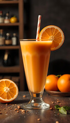 Fototapeta premium Fresh Orange Smoothie in Tall Glass with Sunkissed Orange Slice in Cafe Interior