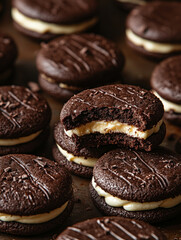 Chocolate cookies with cream filling close-up.