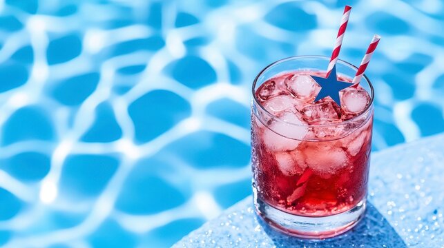Festive beverages served at a pool party featuring red white and blue layered drinks adorned with star shaped decorations and straws. The drinks are set against a backdrop of a sparkling