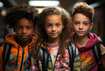 A captivating image of three diverse children standing together in a school hall, showcasing unity, friendship, and the joy of learning, highlighted by their individual expressions.