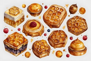 Honeycomb-shaped desserts or pastries in watercolor style