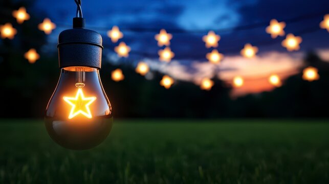 Fourth of july outdoor bbq party with american decorations and festive lights. A vibrant summer celebration featuring patriotic adornments and illuminating outdoor lighting for a memorable