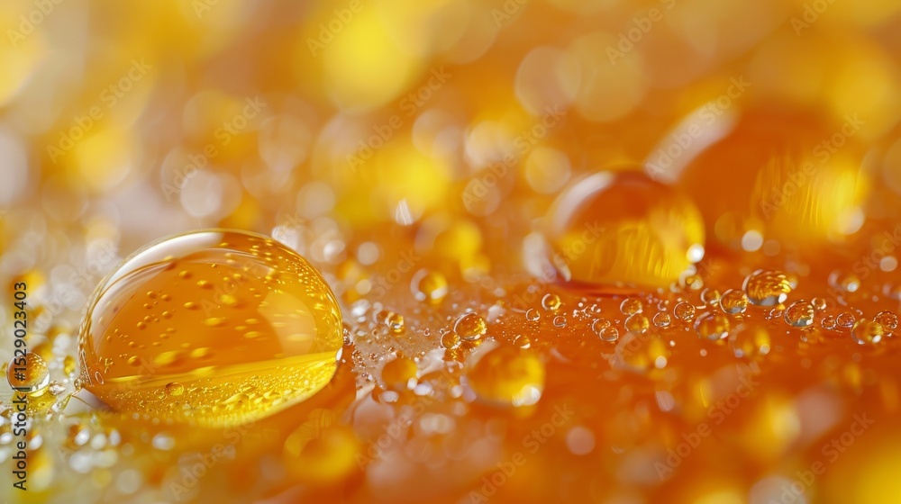 Poster a stunning close-up of amber droplets resting on a smooth surface, reflecting light and creating a b