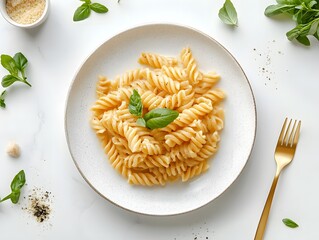 Creamy Fusilli Pasta with Fresh Basil and Elegant Gold Fork