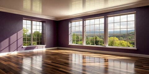 Fototapeta premium Spacious room with hardwood floors, large windows offering scenic views, and walls painted in a rich plum hue