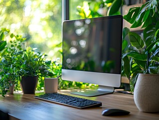 Modern workspace with computer and green plants by window