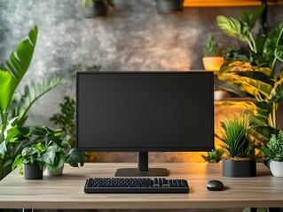 Modern Workspace with Computer and Indoor Plants in Cozy Environment