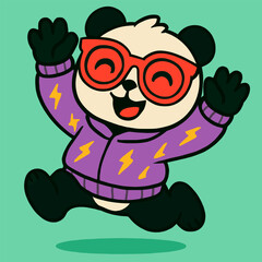 A quirky cartoon panda jumping mid-air with both hands up, wearing oversized red glasses and a purple hoodie with lightning bolt prints, set against a solid mint green background.