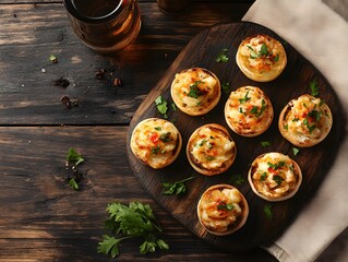 Delicious Savory Bites on a Wooden Board with Fresh Herbs and Spices