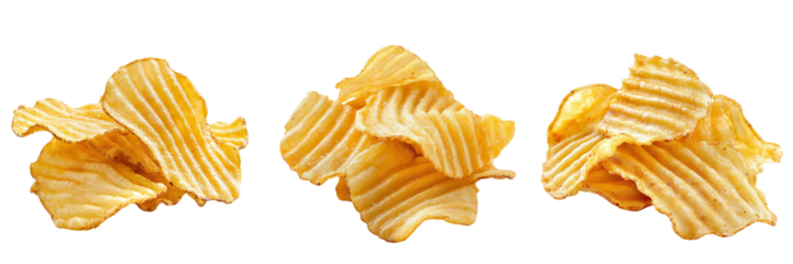 Set of delicious fried ribbed chips isolated on transparent background PNG