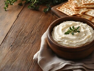 Creamy Dip with Crackers and Fresh Herbs on Rustic Wooden Table