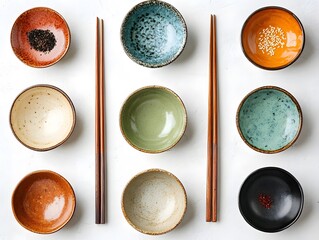 Colorful Ceramic Bowls With Chopsticks for Culinary Presentation