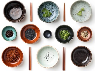 Aesthetic Arrangement of Colorful Bowls and Ingredients on White Surface