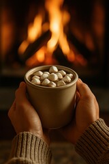Hands hold a cup of hot chocolate with marshmallows in front of a cozy fireplace, evoking warmth, comfort, and winter nostalgia.