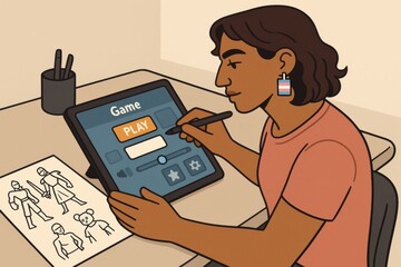 Artistic illustration of a person creating game characters on a tablet, representing imagination and design process.