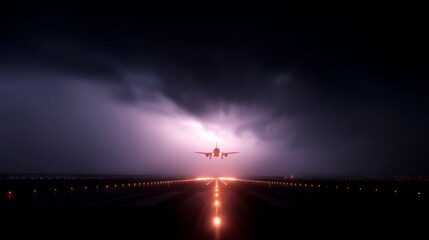 A dramatic scene with an airplane taking off amidst a thunderstorm. Dark clouds fill the sky while lightning illuminates the runway. This image captures motion and turbulence. AI
