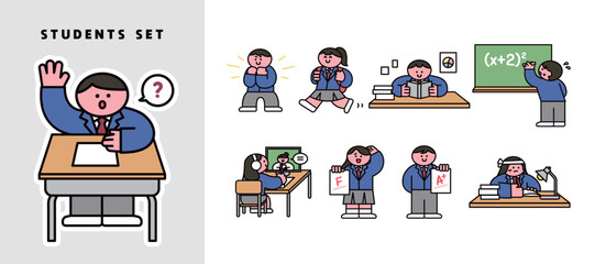 Illustration of the character of middle school students and high school students studying during the exam period