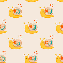 Cute Yellow Snail With Floral Seamless Pattern Background Design Wallpaper Texture Fabric Textile