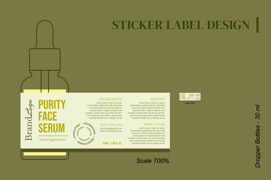Sticker Label Dropper Bottles 30 ml - green purity face serum. Sticker label design template.
