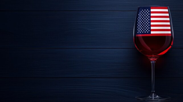 Wine Glass and American Flag on Blue Wood. A patriotic still life glass of red wine rests beside a national emblem on a weathered blue plank surface.