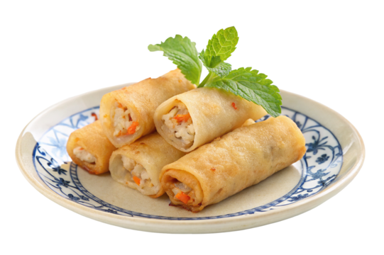Crispy spring rolls delicious appetizer with fresh mint on plate for asian food and cuisine lovers
