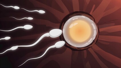 Animated sperm race toward an egg in a stylized illustration depicting the moment of fertilization in a scientific concept.